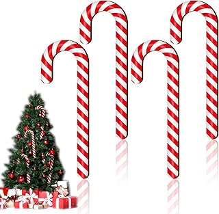 Large Size 4 Pcs 11.8 Inch Christmas Large Candy Canes for Tree Decorations Red and White Giant Candy Cane Props Bulk Xmas Hanging Ornaments Rustic Wood Flat for Party Supplies DIY Crafts Photoshoot