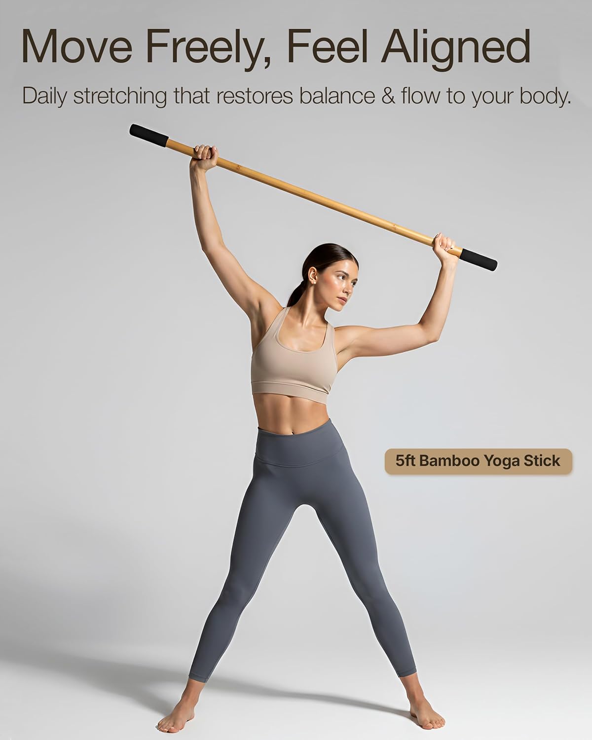 yoga stick - 5ft bamboo stretching stick for mobility, flexibility, balance with 20+ video tutorials, stretching equipment, exercise stick for stretching, posture corrector, physical therapy dowel rod natural bamboo
