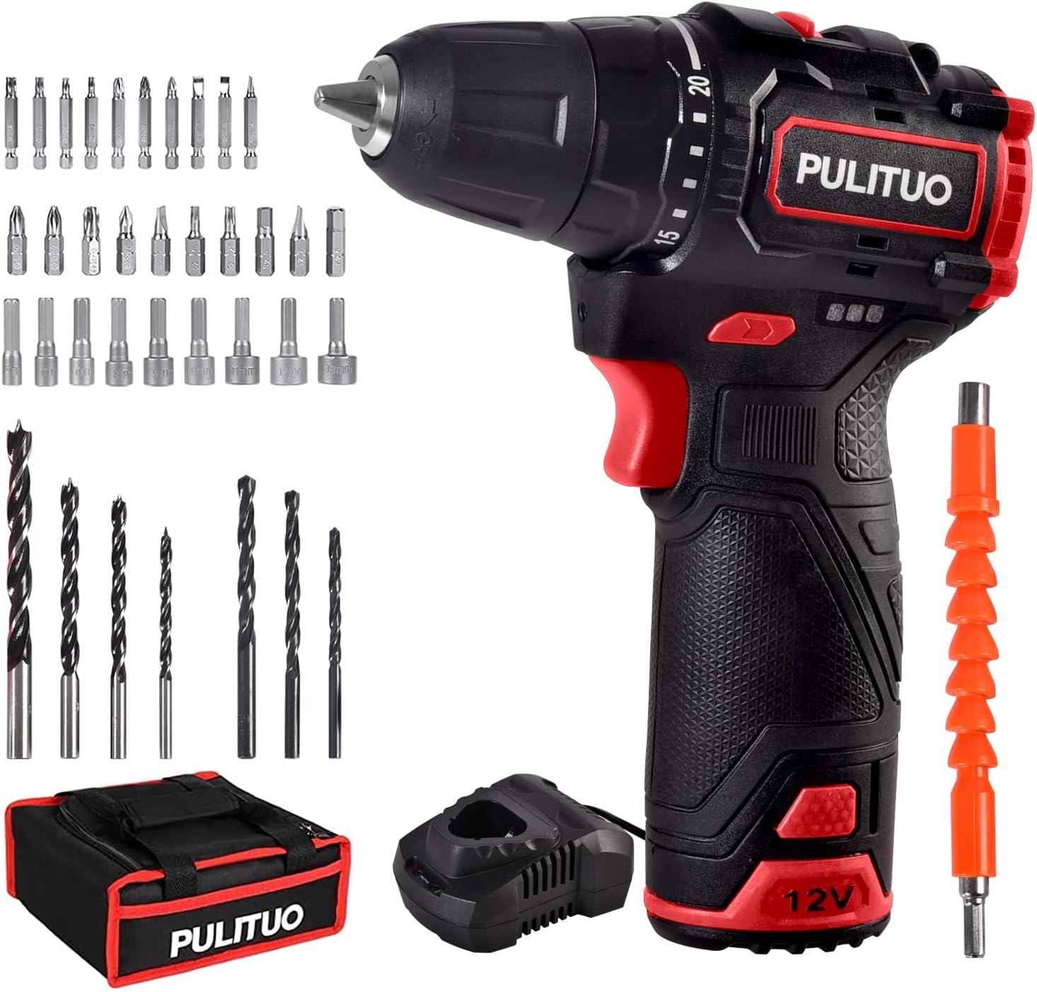 Taladro Eléctrico Inalámbrico PULITUO 12V con Motor Brushless, 35Nm, 2 Velocidades