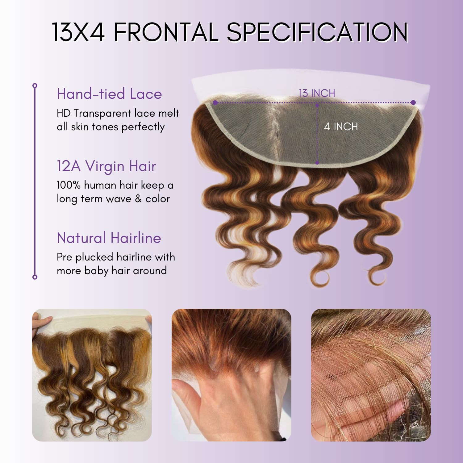 Honey Blonde Highlight Body Wave 3 Bundles with Frontal Closure (12 14 16+12), 100% Virgin Brazilian 4/27 Ombre Brown Human Hair Bundles with 13x4 Ear to Ear Transparent Lace Frontal Soft Remy