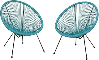 Modern Outdoor Acapulco Chair Set of 2, Rattan Patio Chair with Steel Frame & Angled Legs for Poolside Backyard (Teal)