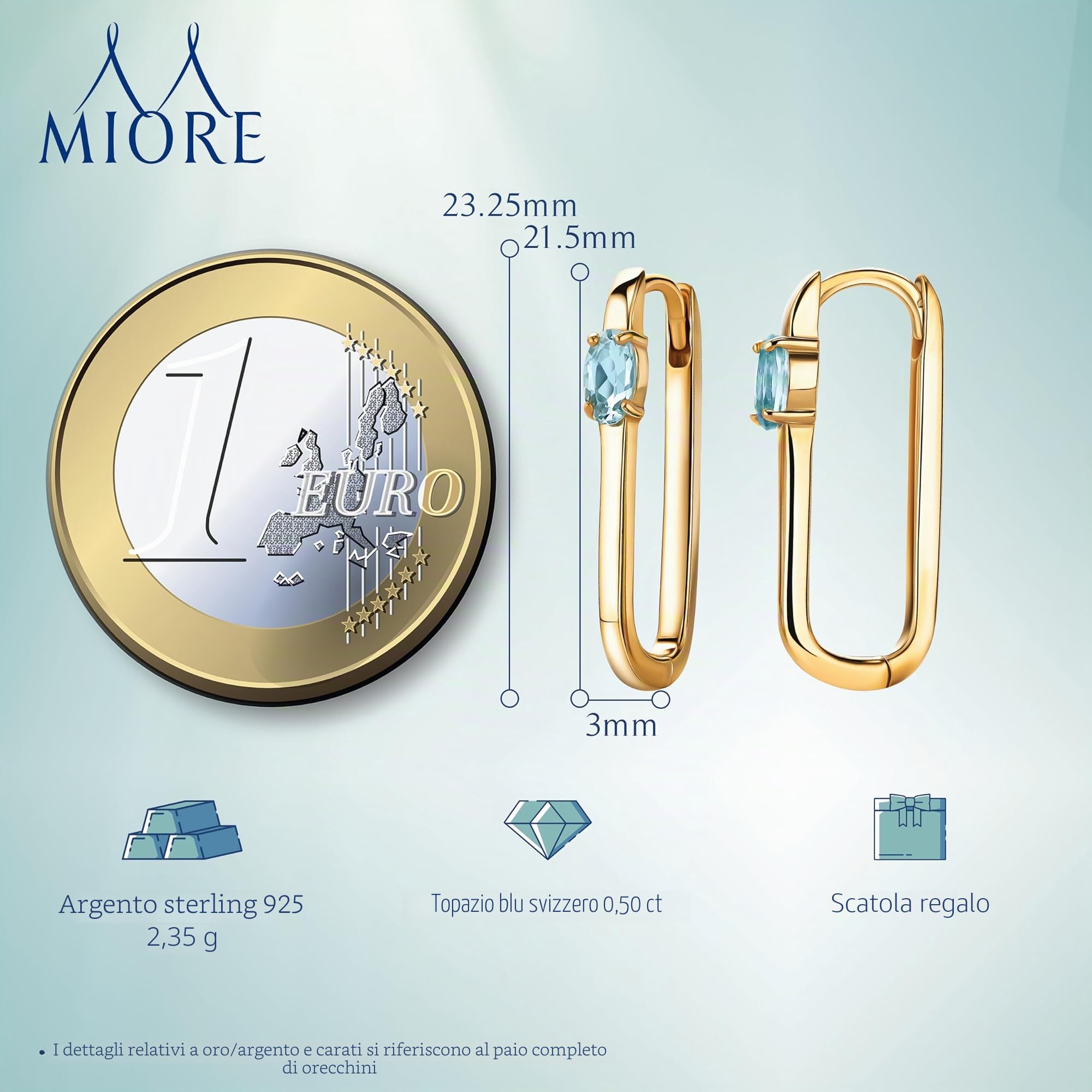 Miore Orecchini Donna Argento Placcati Oro Giallo 18KT, Orecchino cerchio Ovale in Argento 925 e Topazi Blu Naturali. Orecchino Classico anallergico.