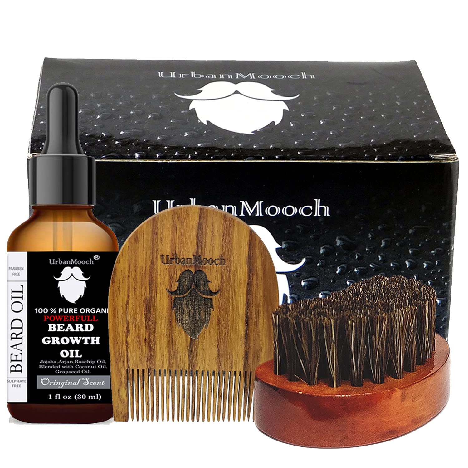 UrbanMooch 3-in-1 Beard Kit for Men | Beard Growth Oil | Boar Bristle Beard Brush | U Shape Beard Comb | Promotes Beard Growth & Nourishes | Grow & Style Your Beard The Way You Want