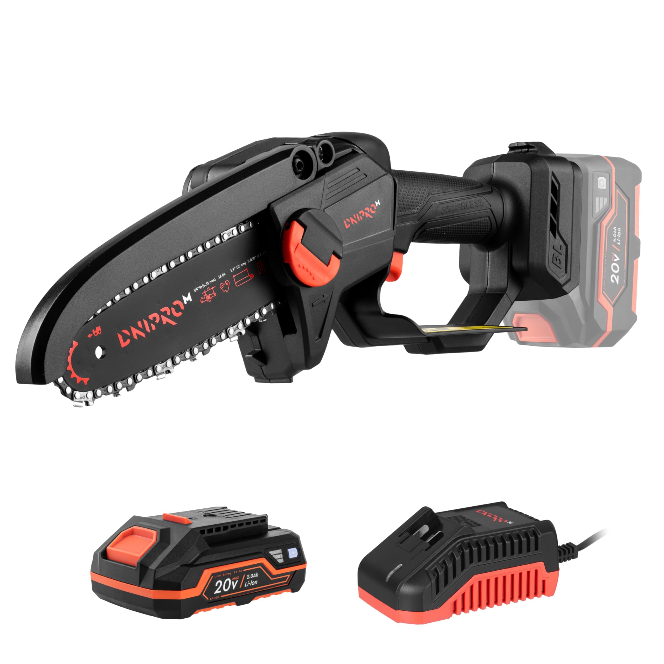 Mini Tronçonneuse DMS-200BC 20V, Guide 15cm, Batterie 2Ah, 1,3kg