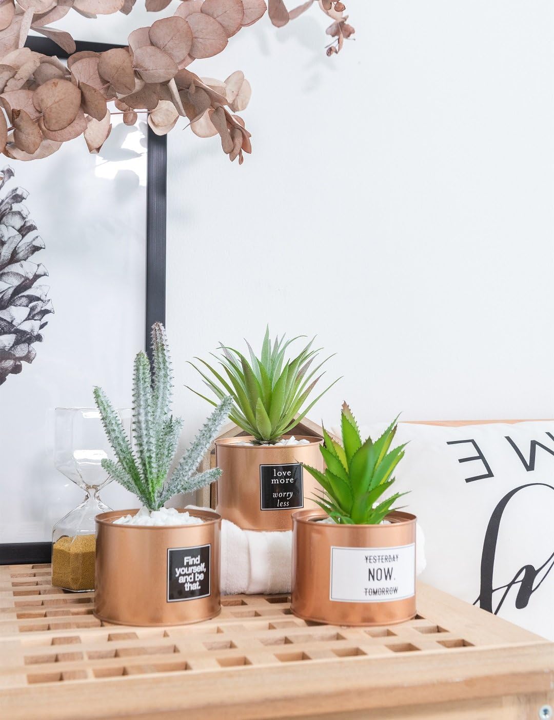 Opps Mini Artificial Plants Plastic Green Grass Cactus with Special Golden Can Pot Design for Home Décor – Set of 3