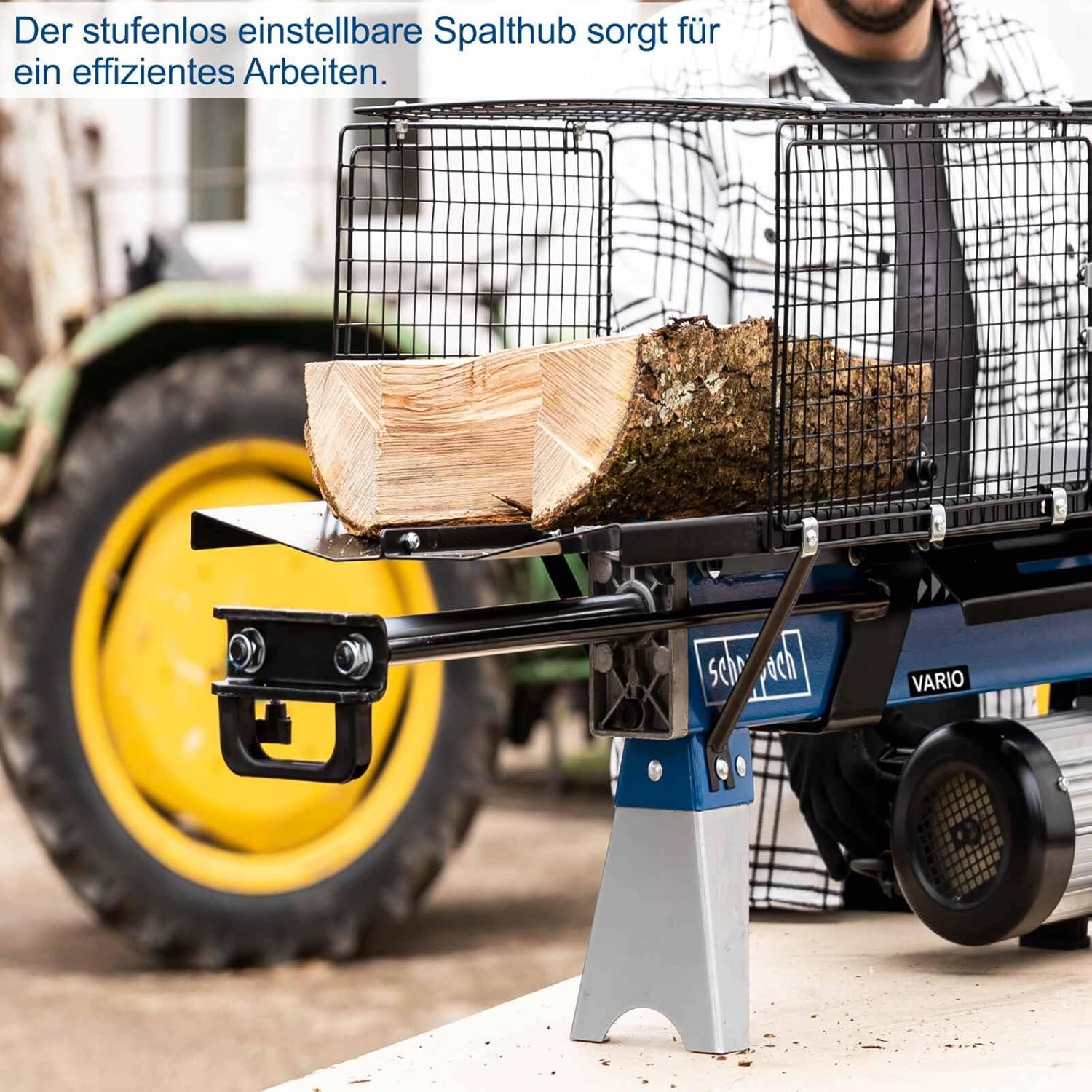 Log on the splitter, highlighting the adjustable stroke feature
