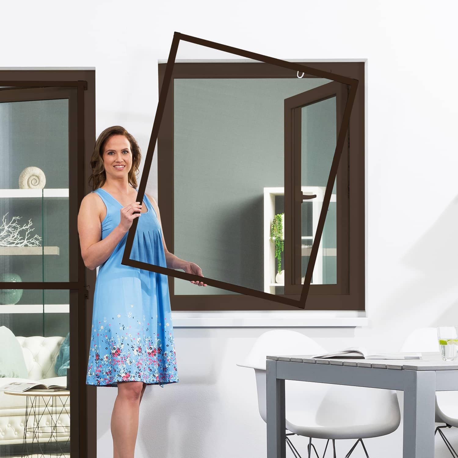 empasa Fliegengitter Insektenschutz Fenster individuell kürzbar Master Slim mit Alurahmen, als Selbstbausatz, Gewebe:Insektenschutz, Farbe:braun, Größe:130 x 150 cm