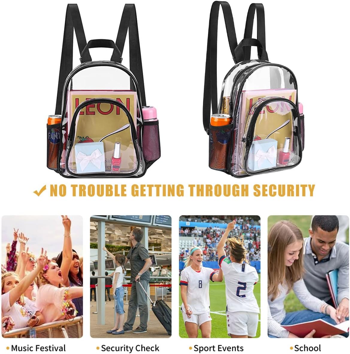 3Pcs Clear Backpack for Stadium Events,10x12x4 Inches Small Clear Backpack for Concert,Transparent Bag for Soccer Match Tennis Match,Festival Sports Outdoor Festival Essentials-Black