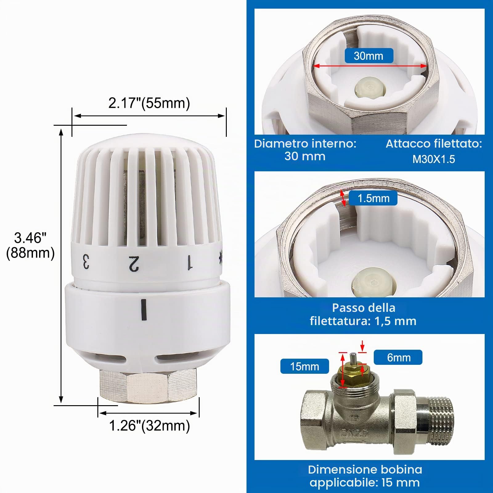 Wengart Testa Termostatica per Radiatori WG4005 – Attacco Universale M30x1,5 – Sensore a Liquido ad Alta Precisione – Con Protezione Antigelo e Limitatore di Temperatura – Bianco – Solo Testa