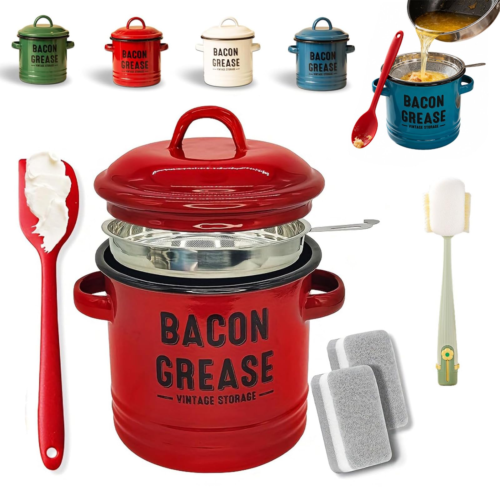 Donubiiu C 2026 Upgraded Grease Ontainer With Filter And Scraper, 46 Oz Bacon Grease Ontainer With Strainer And Food-Grade Silicone Spatula, Erami Grease Trap Jar With Lid Disposal For Ooking (C)