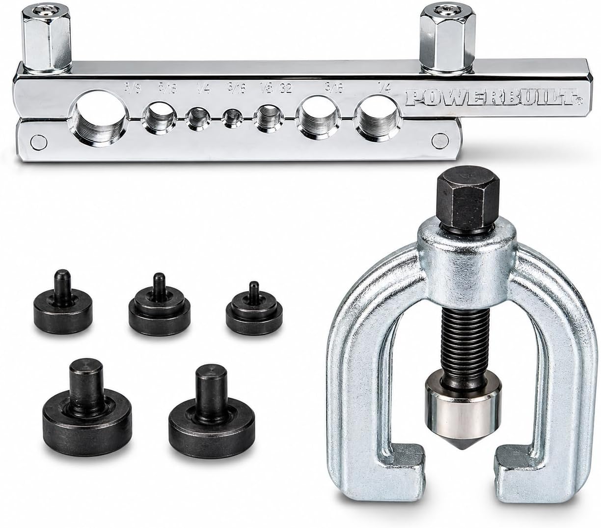 Powerbuilt 7 Piece Double Flaring Tool Kit – For Copper, Aluminum, and Mild Steel Tubing – Includes Flaring Adapters, Yoke, and Clamp Bar – Up to .040" Wall Thickness – 940648
