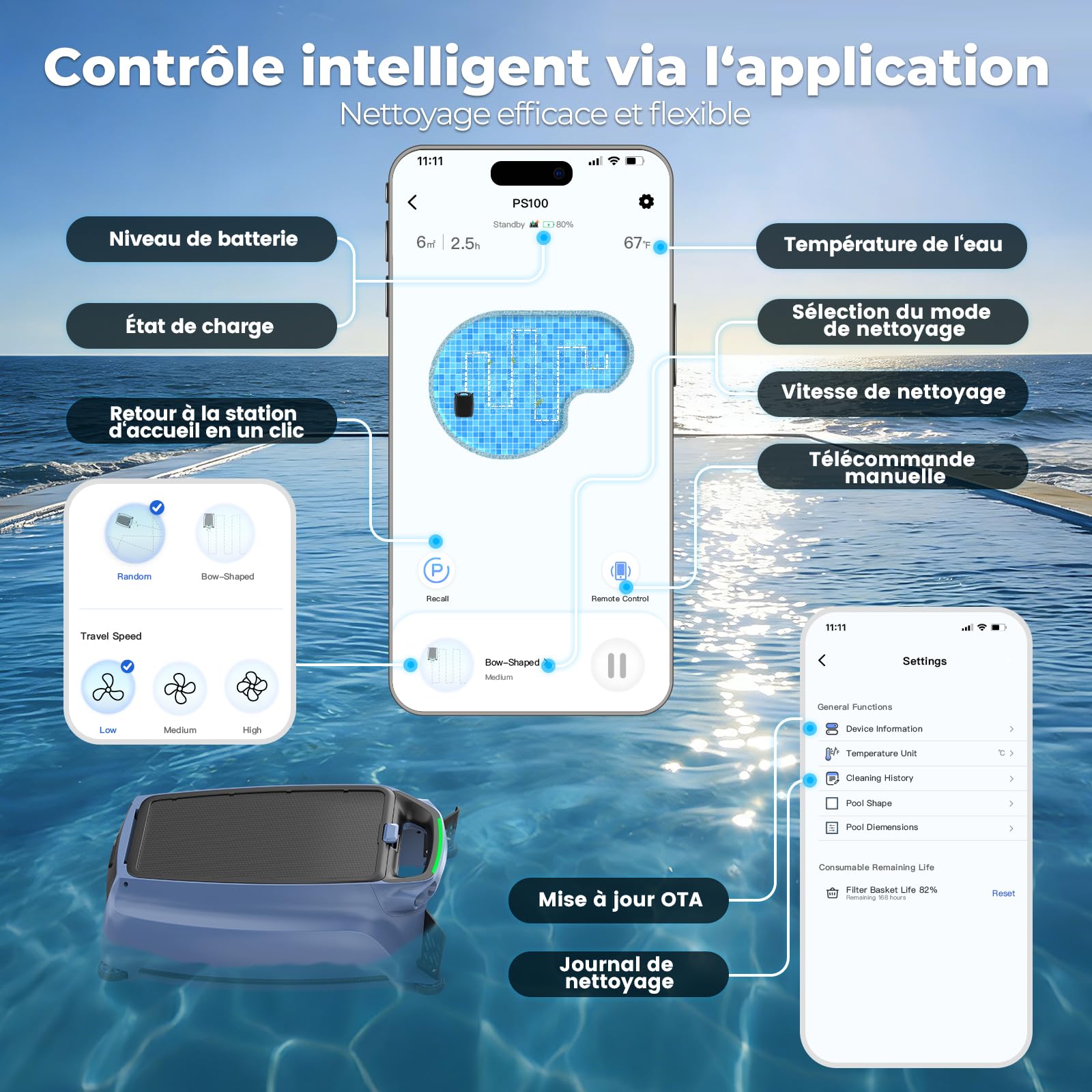 PS100 Robot de piscine solaire sans fil avec contrôle par application, nettoyage de surface 24h/24, 7j/7, panier filtrant de 6 l, détection d'obstacles à ultrasons pour toutes les piscines