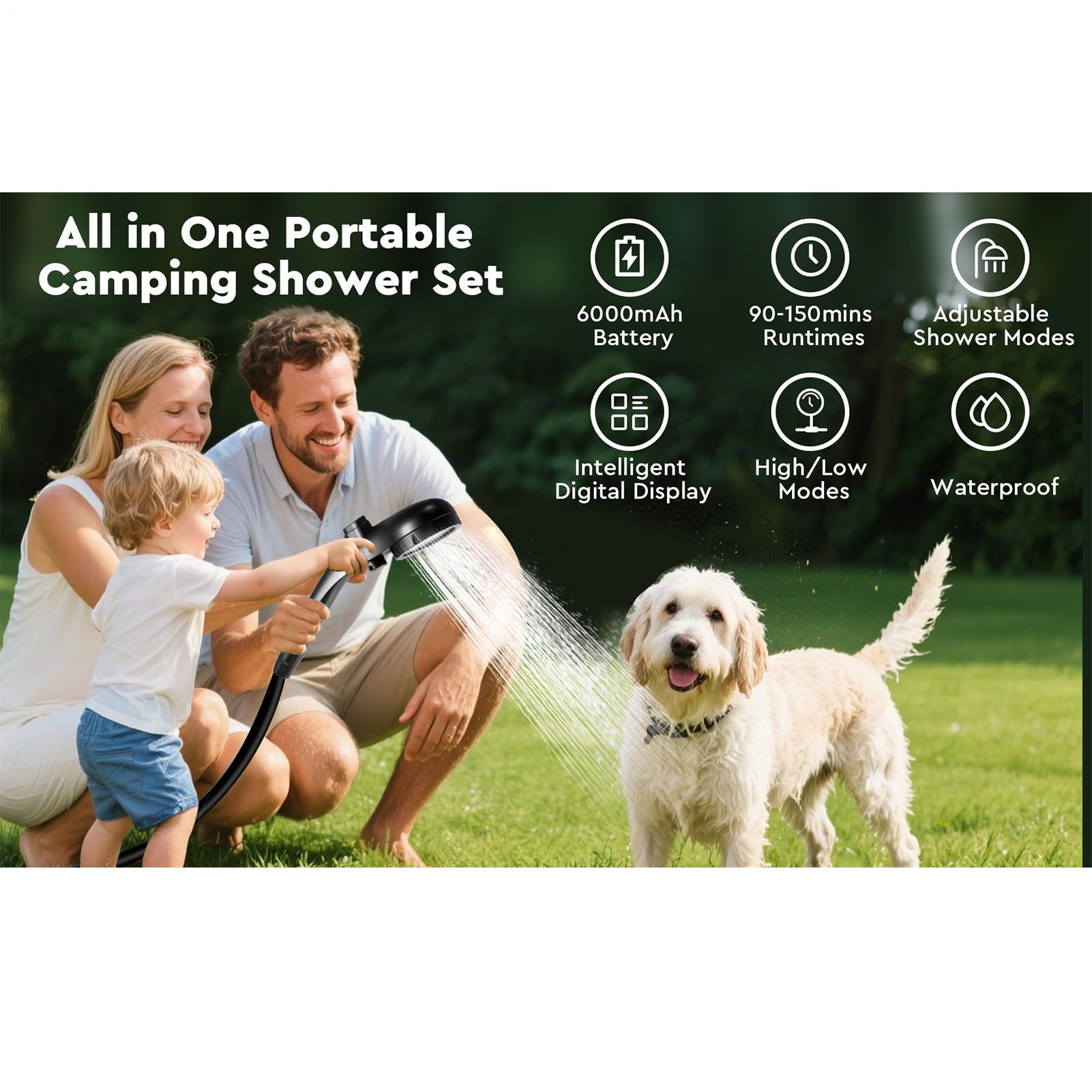 Douche portable pour camping | Douche extérieure rechargeable avec écran LED – Pompe de camping étanche avec 3 modes de pulvérisation pour jardin, plage, animal domestique, camping-car, lavage de