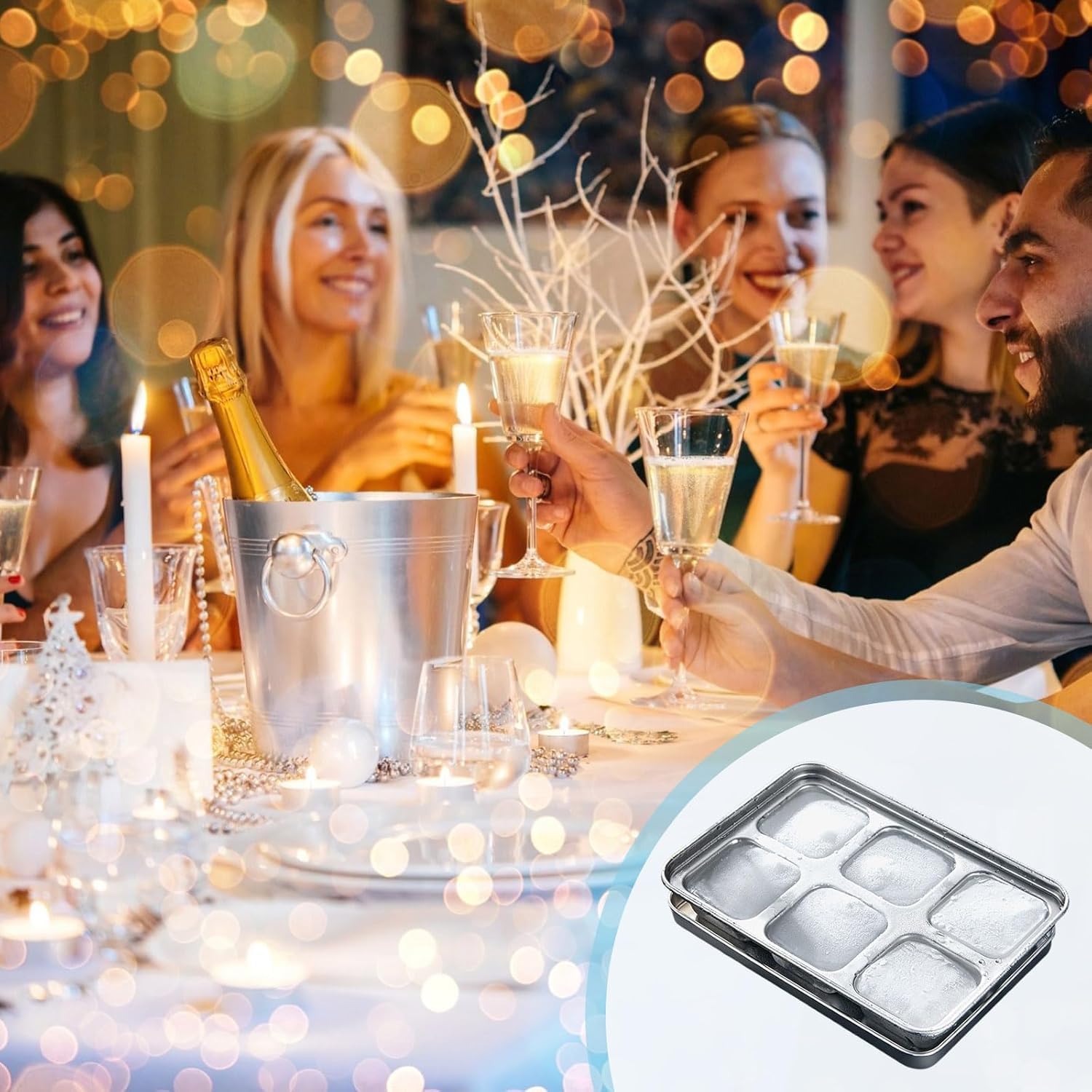 Bac à glaçons réutilisable en acier inoxydable pour congélateur, 2 pièces avec 6 compartiments carrés pour cocktails et boissons à whisky