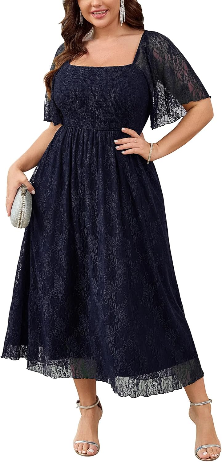 SCOMCHIC Women's Plus Size Wedding Guest Dress Formal Lace Square Neck Short Sleeve Smocked Flowy Cocktail Maxi Dresses Navy Blue 3X-Large Plus