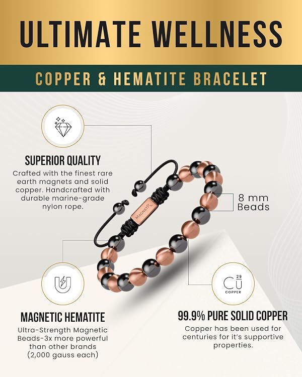 MagnetRX® Magnetic Bracelets for Men & Women – MAX Strength Magnetic Hematite & Copper Bracelet with 8mm Solid Copper Beads (Single Copper) by MagnetRX - Image 4