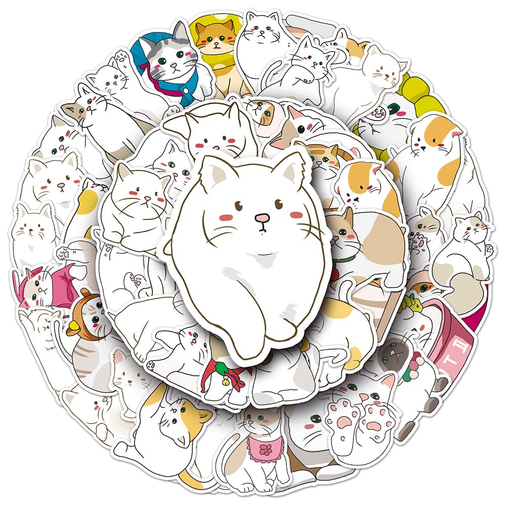 Lovely Cat Vinyl Stickers, 50 PCS Waterproof Illustrated Animal Decals for Laptops Scrapbooking, Journals, Notebooks
