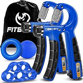 FitBeast Hand Grip Strengthener Workout Kit (5 Pack), 2 Forearm Grip Adjustable Resistance Hand Gripper, Finger Stretcher, Grip Ring & Stress Relief Grip Ball for Athletes, Dark Blue