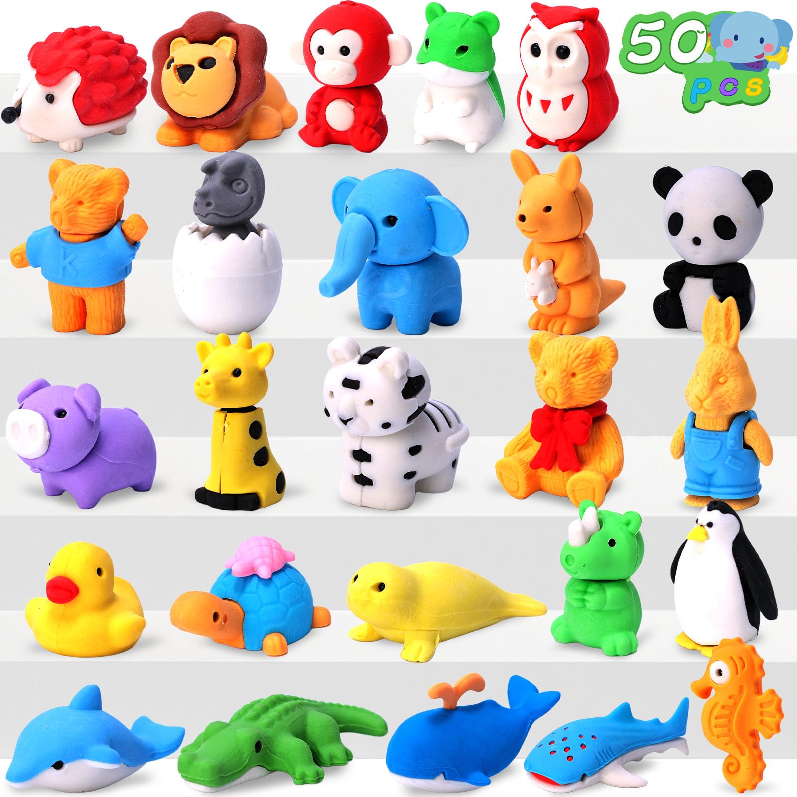 3 otters 50 Pack Animal Erasers for Kids, Desk Pets Classroom Prizes Treasure Box Toys Game Reward for School, Mini Fun Cute Erasers for Gag Gift Goodie Bag Stuffers Kids Party Favors