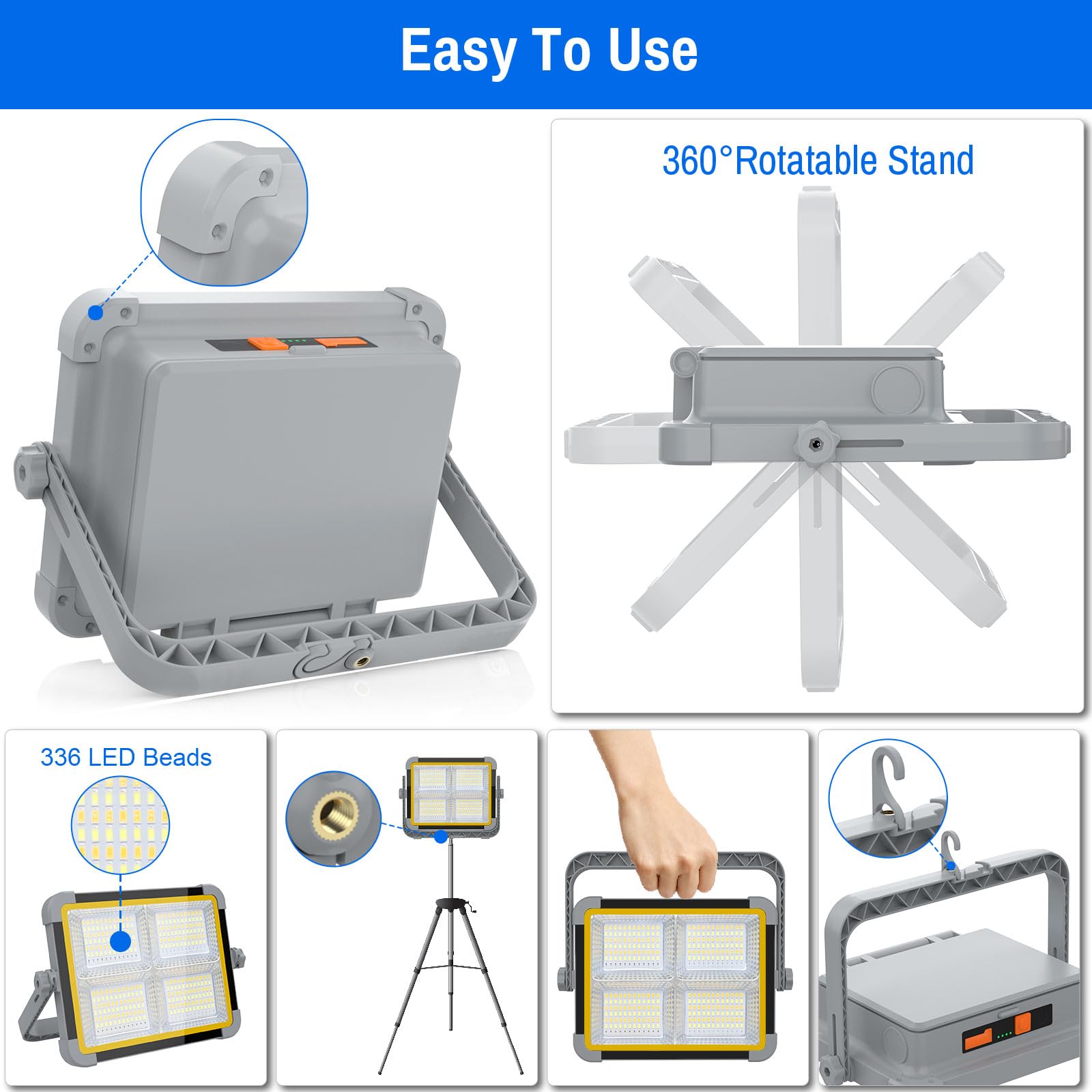 ERAY Foco LED Recargable 150W, Foco de Trabajo Portátil con Doble Panel Solar Batería de 9000mAh/336 LEDs/4 Modos de Luz/IP66/Banco de Energía para Camping, Emergencia, Trabajo