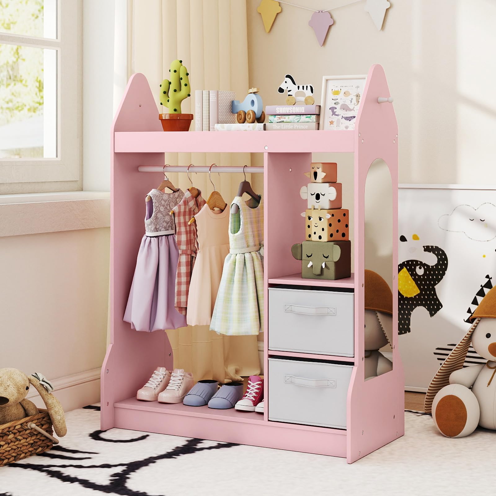 COSTWAY Guardaroba per Bambini, Armadio Gioco con Specchio Appendiabiti, Cassette in Tessuto Pieghevoli, Organizer per Stanza e Camera da Letto, 81 x 38 x 107 cm (Rosa)