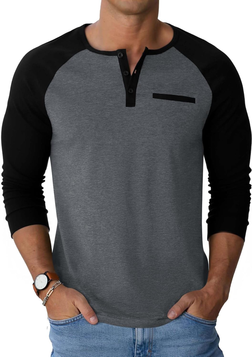 Runcati Mens Henley Shirts Raglan Long Sleeve Casual T-Shirts Color Block Button Shirt Vintage Tops with Pocket