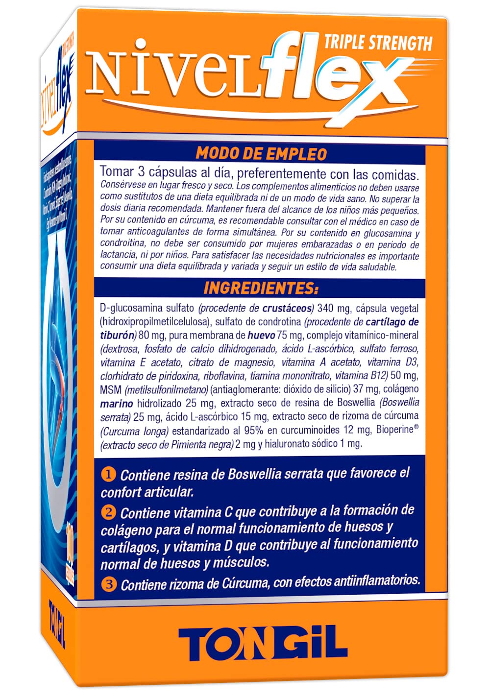 Glucosamina, Condroitina, MSM - 300 Cápsulas – Con Boswellia, Cúrcuma y Colágeno – Complejo Para Articulaciones, Cartílago y Huesos - +3 Meses de Suministro - Nivelflex 100 Cáps (Pack 3 Uds.) Tongil