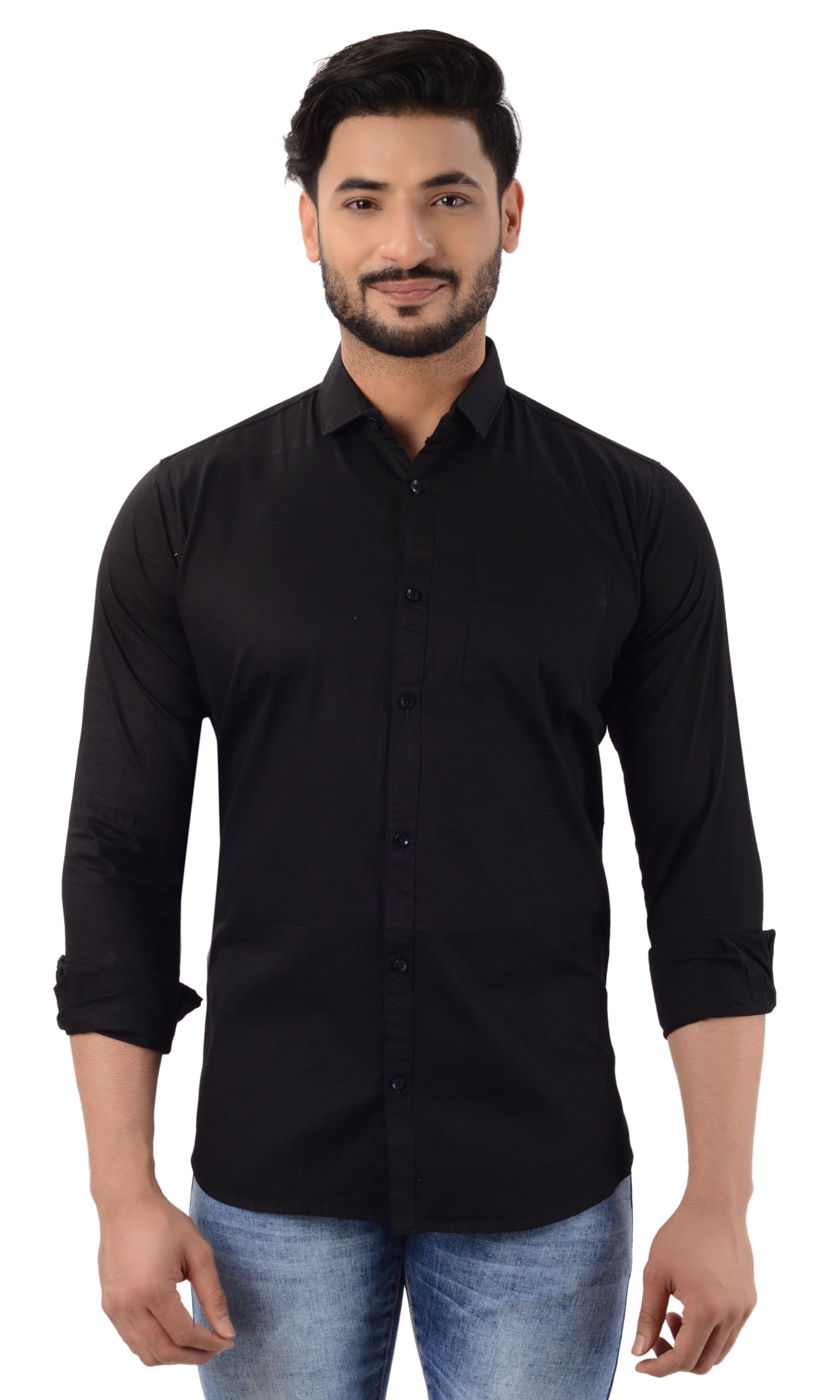 Fun N Joy Men's Solid Regular Fit Shirt | Stylish Spread Collar & Full Sleeve Shirt for Men | Formal Wear Shirt for Office & Party Size - L (Black)