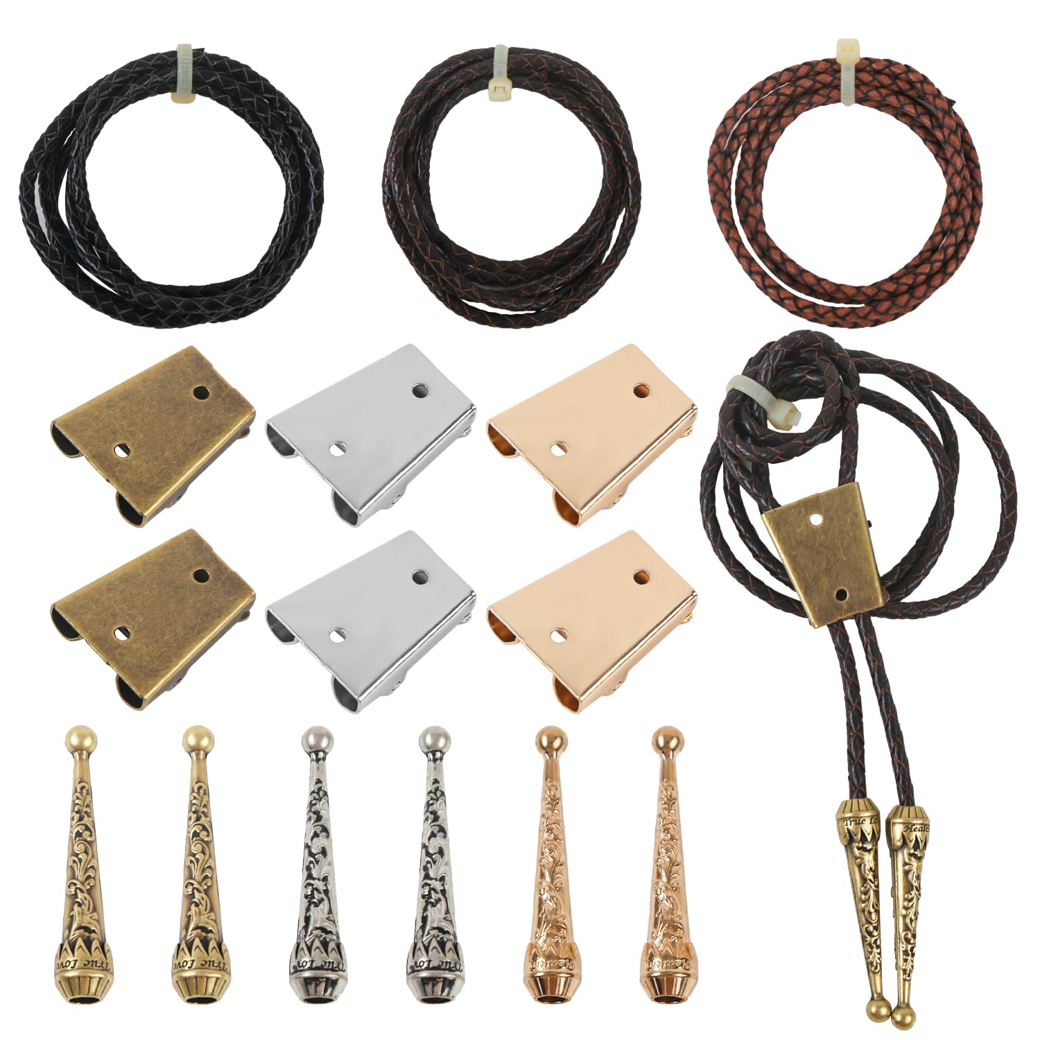 ASUNFO Bolo Tie Making Kit 6 Pcs Iron Bolo Tie Slide Clasps 6 Pcs Alloy Cord End Caps 3 Pcs Leather Cords Strings