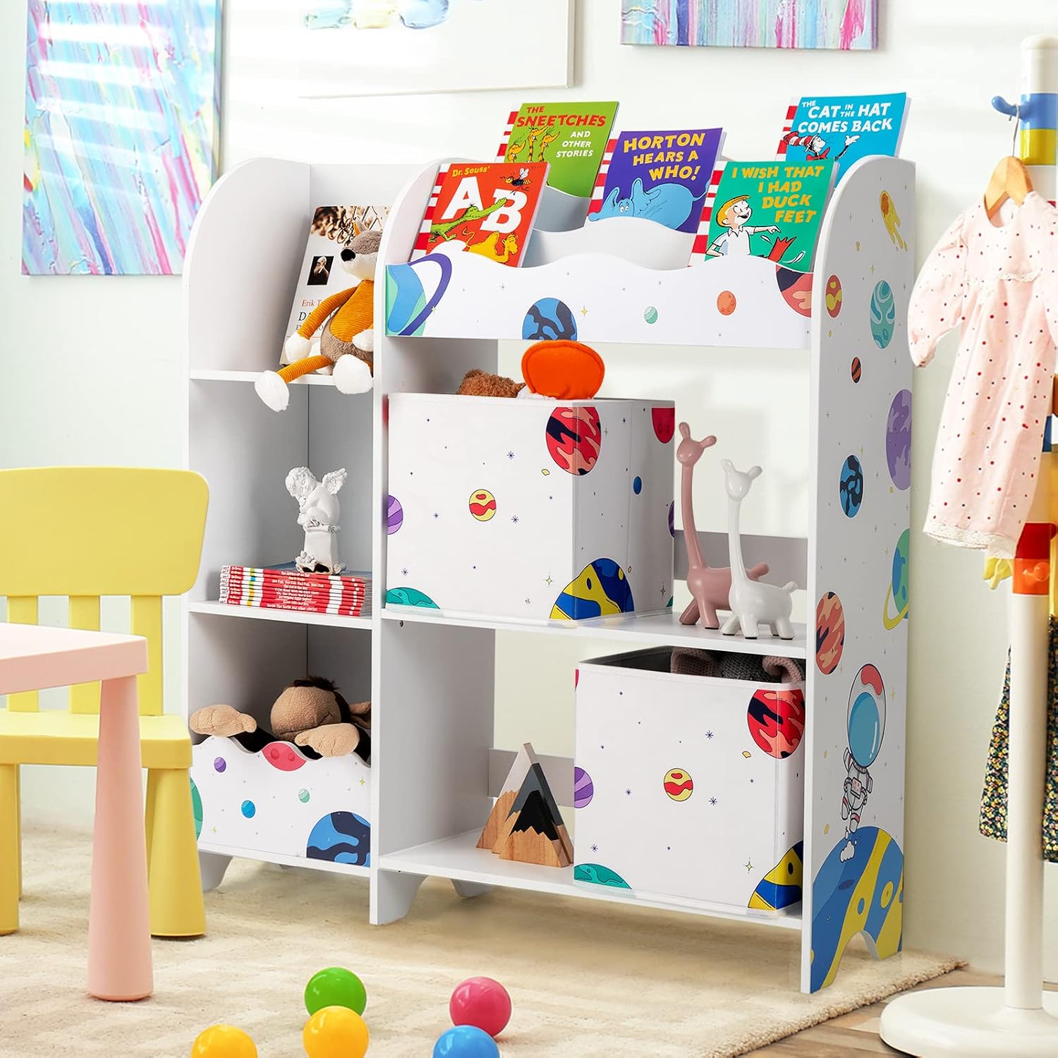 HONEY JOY Kids Toy Storage Organizer, Wooden Storage Unit with 2 Storage Boxes, Toddler Storage Display Bookshelf Daycare Furniture for Playroom, Children’s Room, Living Room(Astronaut)
