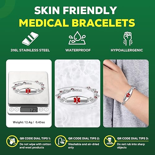 Vista 41 de Pulseras médicas mejoradas para hombres y mujeres con código QR, pulseras de identificación de alerta médica, pulsera de acero de titanio que se