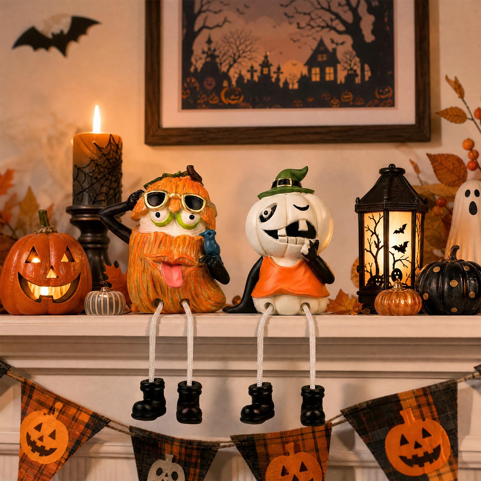 XJar Set di 2 statuette da mensola, zucche di Halloween con gambe
