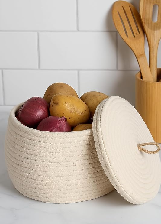 Sfb Handmade Jute Kitchen Fruit Snack Potato Onion Basket Cover Detailed Herb Towel Storage Organizer Wicker Flower Pot Box (beige)