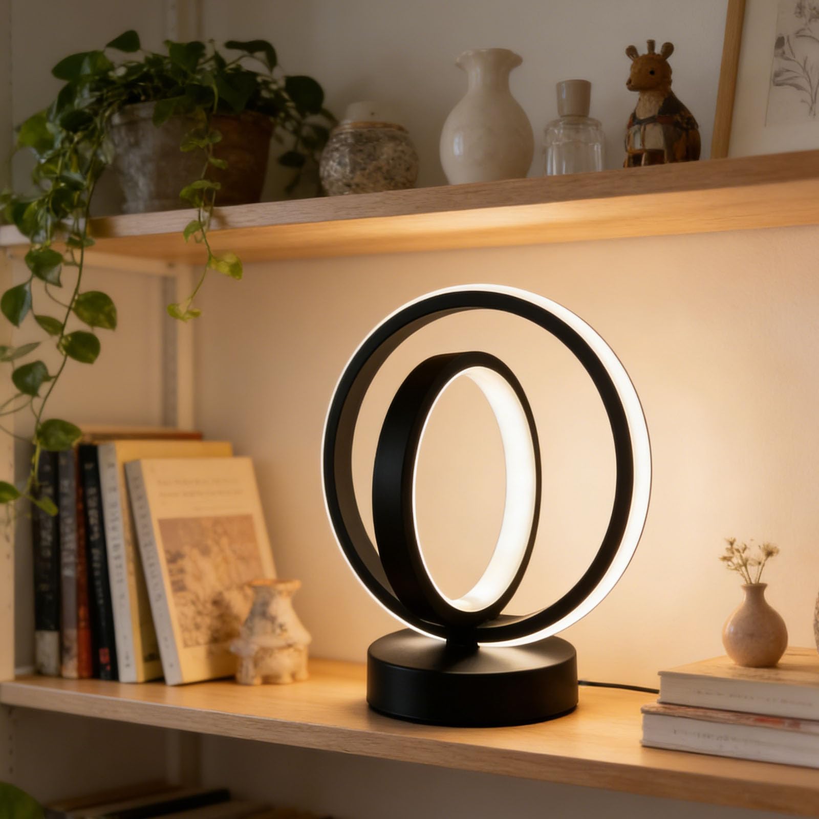 wpdash Nordic Art Double Ring LED Table Lamp Creative Geometric 3 Color Dimmable Bedside Decor Lamp Lighting for Coffee Shop Living Room Office Bedroom