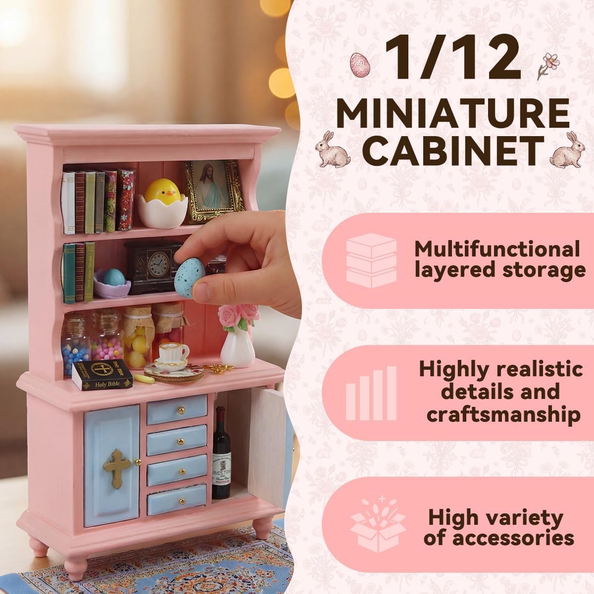 Vintage Springtime Hutch Set - 40 Pcs Dollhouse Miniatures 1/12 Scale Accessories, Wooden Bookshelf with Books, Flowers&Rabbits, Easter Eggs Decorations Mini Furniture Gifts for Kids