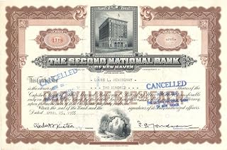Second National Bank of New Haven - 1955 or 1958 dated Stock Certificate