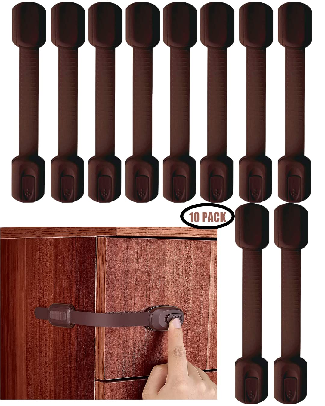 Baby Proofing Cabinet Lock 10 Pack Brown Child Safety Latches Lock with 3M Adhesive, No Drilling Childproofing Safety Strap Locks for Cabinets, Oven, Fridge, Drawers, Dishwasher, Toilet Seat