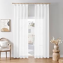 Softalker White Net Curtain with Ruffle Tape 200 x 100 cm Linen Effect Semi-Transparent Decorative Curtains for Kitchen, Bedroom, Living Room, Home Interior, 2 Pieces