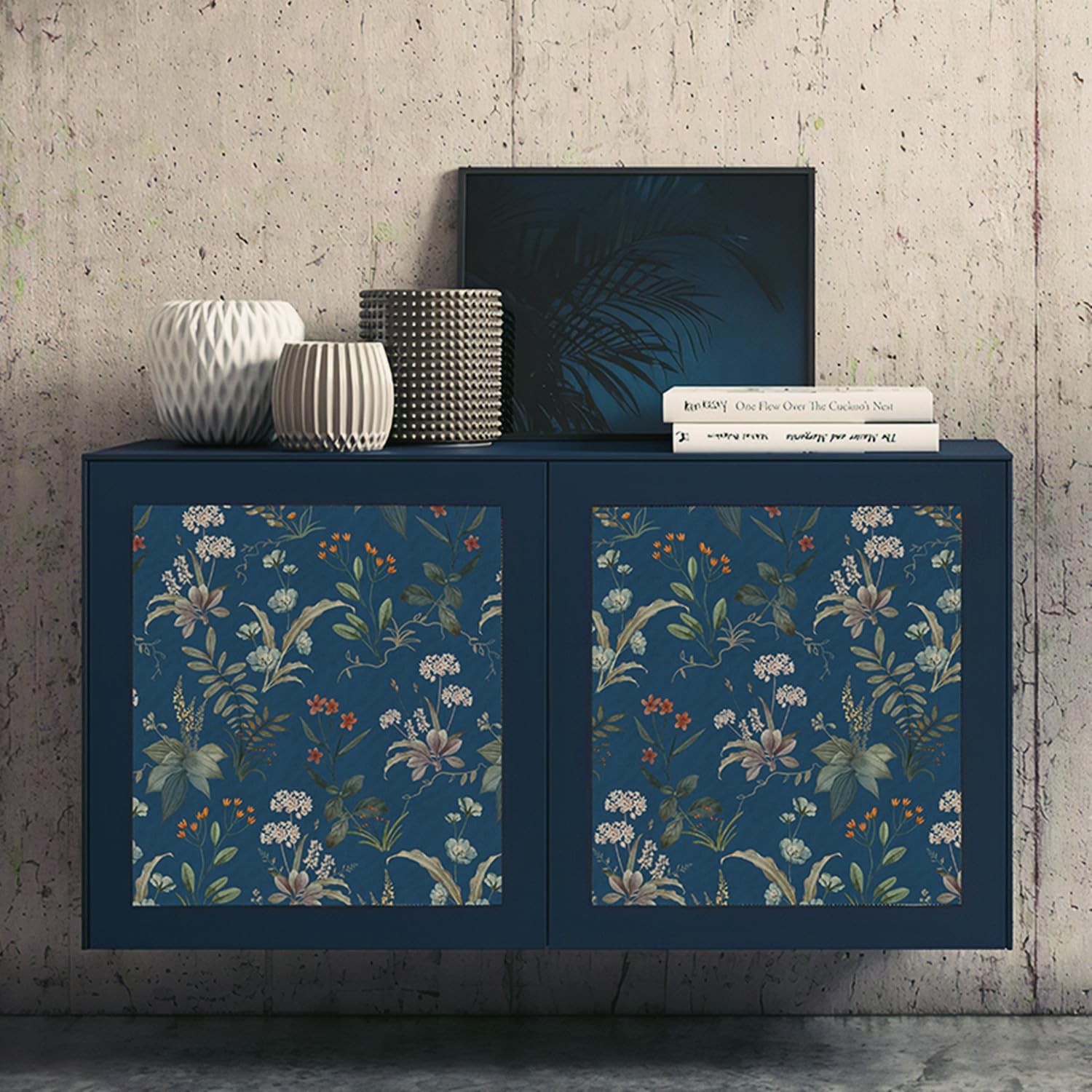 Dark Blue Floral Drawer Liner Peel and Stick Contact Paper self Adhesive Wallpaper Removable Vinyl Decorative Shelf Drawer Liner (Dark Blue, 118 inch x 17.4 inch)