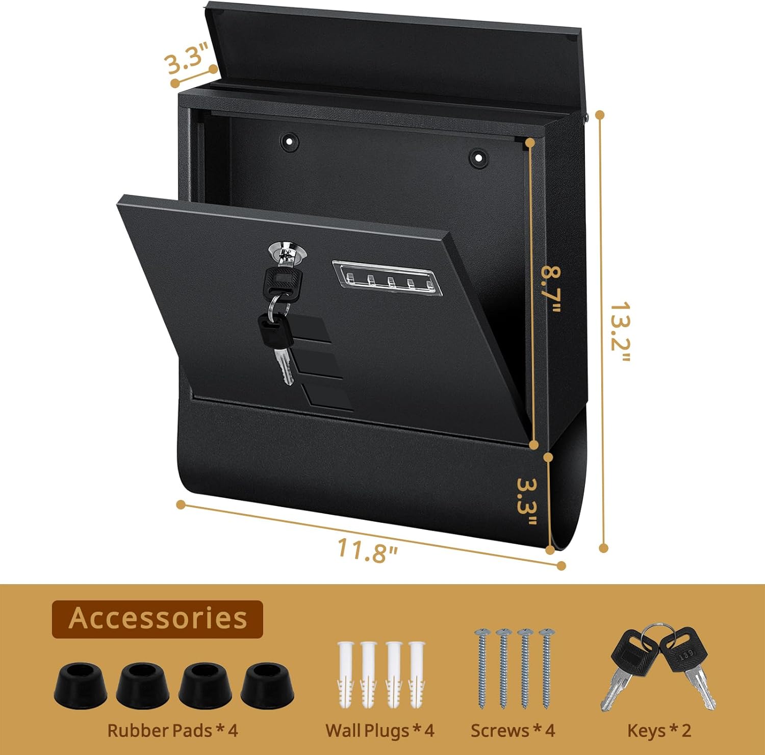 Wall Mount Locking Mailbox with Key - Large Capacity Outdoor Mail Box for Newspapers & Packages, Weatherproof Security Drop Box (Black, 11.8" L x 3.5" W x 14.6" H)