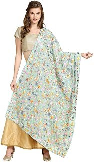 DUPATTA BAZAAR Women's Parsi Gara Thread Work Embroidered Georgette Aqua Blue & Multicolour Dupatta, free size Price In India