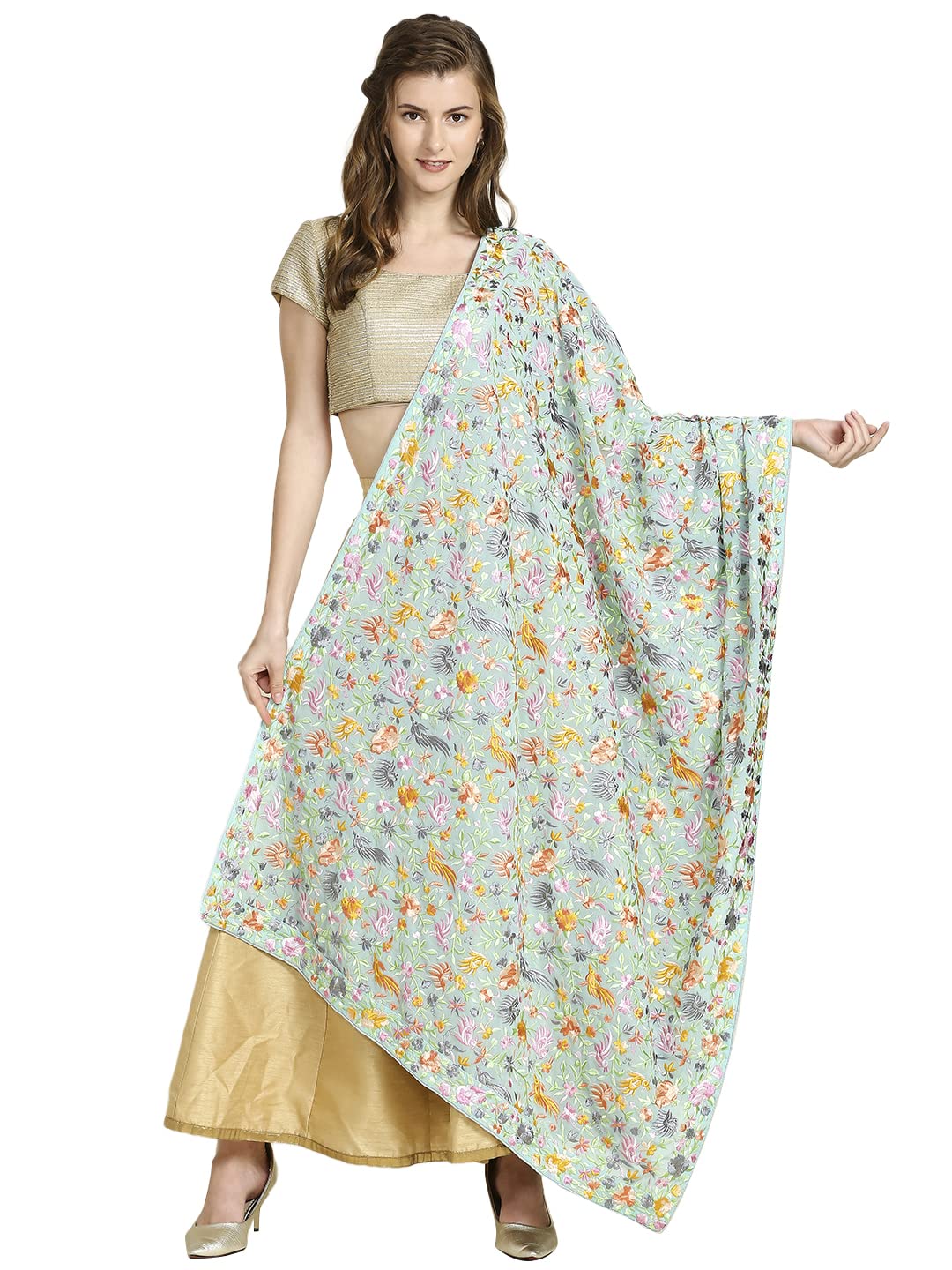 DUPATTA BAZAAR Women's Parsi Gara Thread Work Embroidered Georgette Aqua Blue & Multicolour Dupatta, free size - Review, Price and Buying Guide