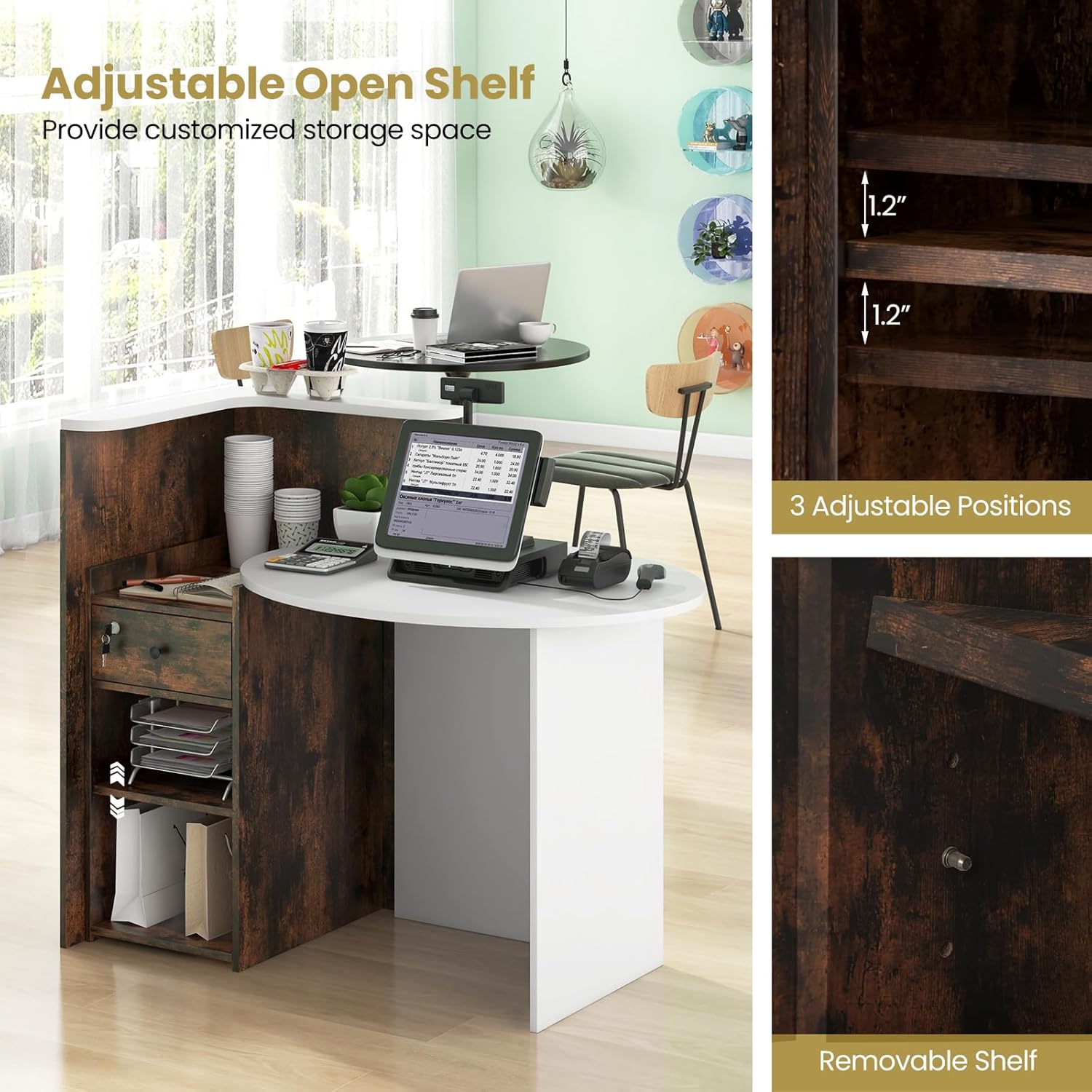 Giantex Reception Desk, Front Counter Desk with Lockable Drawer, Checkout Table with Round Tabletop, Corner Shelf & Adjustable Shelf for Office Beauty Salon Retail Store (Brown & White)