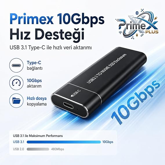 PrimeX PX-M220 M.2 NVMe SSD Kutusu, Type-C USB 3.0/3.1 10Gbps Harici SSD Kutu, PCIe NVMe Tek Çeltik M-Key SSD Uyumlu, Alüminyum Taşınabilir SSD Muhafaza, 8TB Destekli