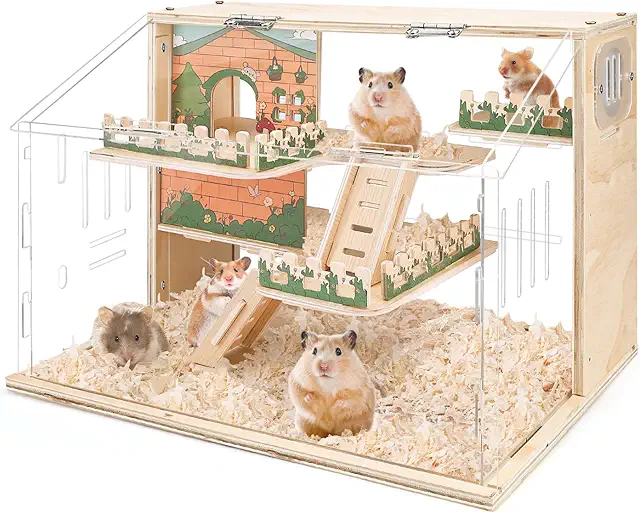 Large Wooden Dwarf Hamster Cage with Acrylic Panels and Fan - Goudhamster Kooi