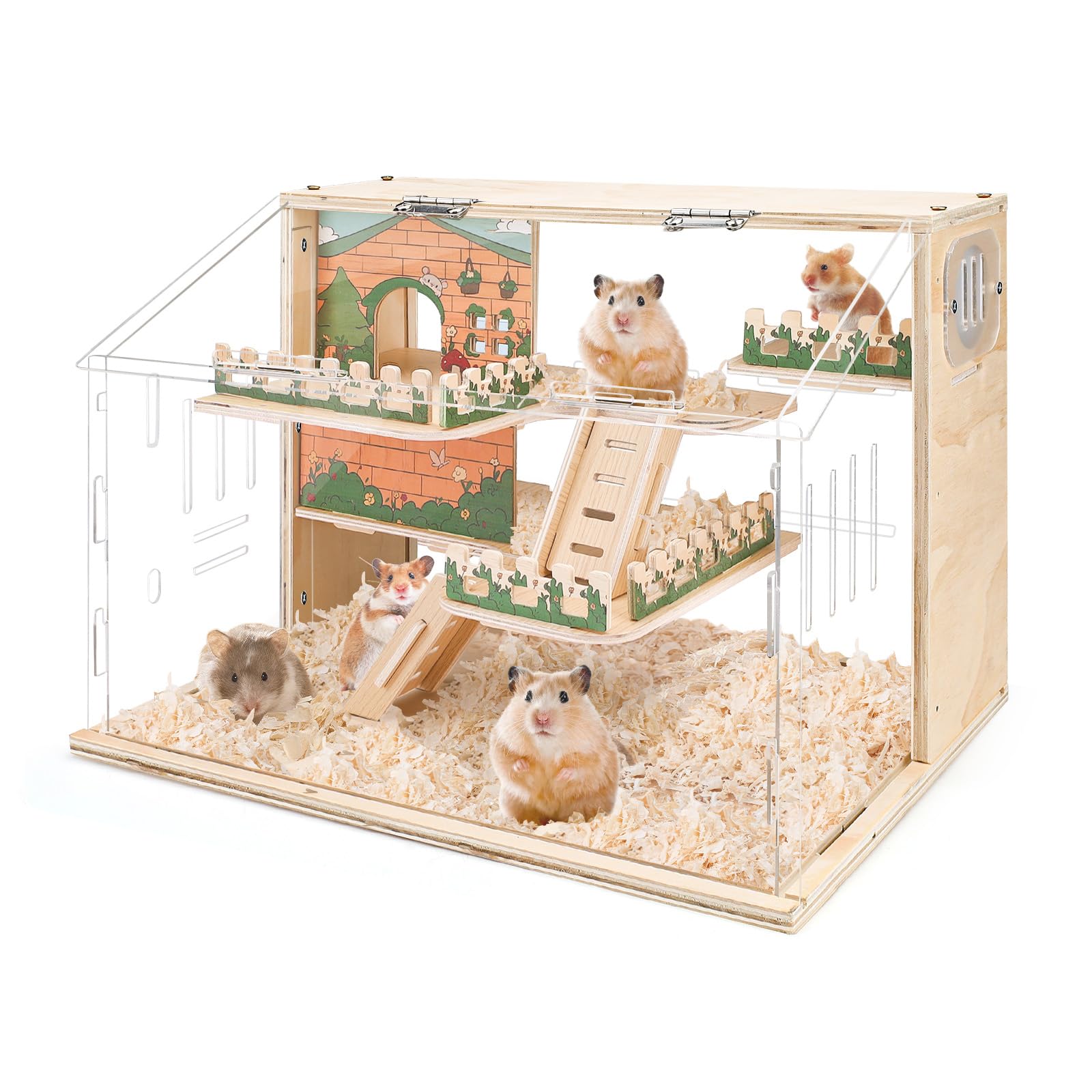 Grande gabbia per criceti in acrilico, habitat in legno per cricetis nani, spaziosa gabbia per gerbilli nani, habitat premium per criceti nani con ventilatore (40 x 30 x 30 cm)