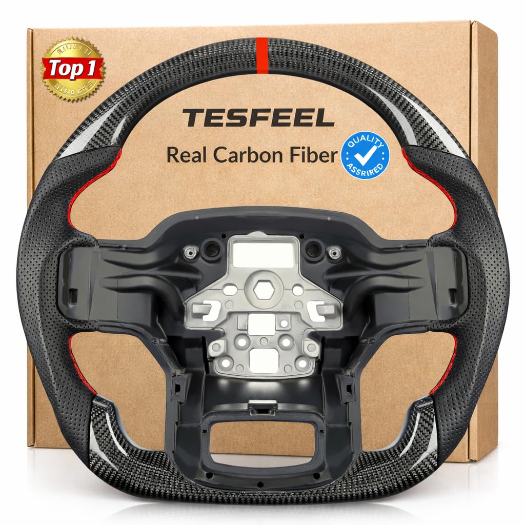 Real 3K Carbon Fiber Steering Wheel for Ford F150 2021-2025, D-Shape Flat Bottom with Black Perforated Nappa Leather Grip, Hand-Stitched Sport Design, for F-150 Models Without Paddle Shifters