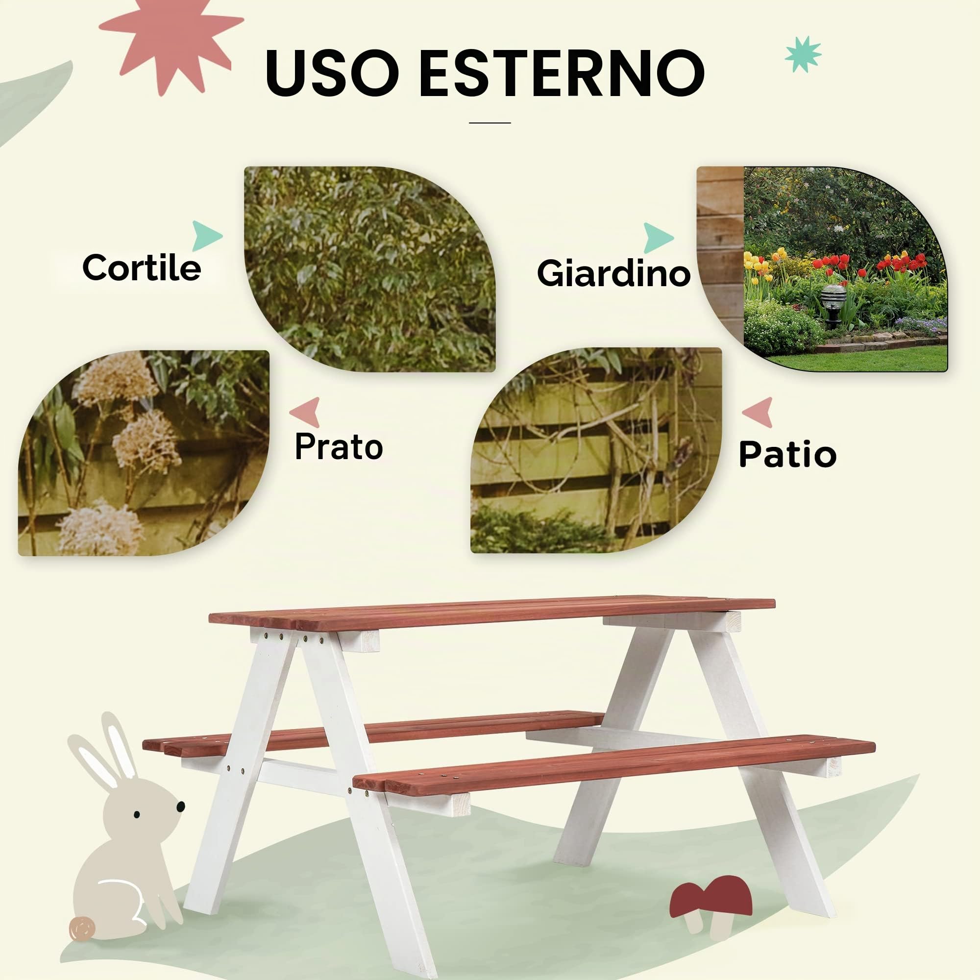 Outsunny Set Tavolo da Picnic per Bambini, Tavolo e Panche in Legno, Mobili da Giardino per Bambini, Giochi da Esterno, Età 3-8 Anni, Marrone