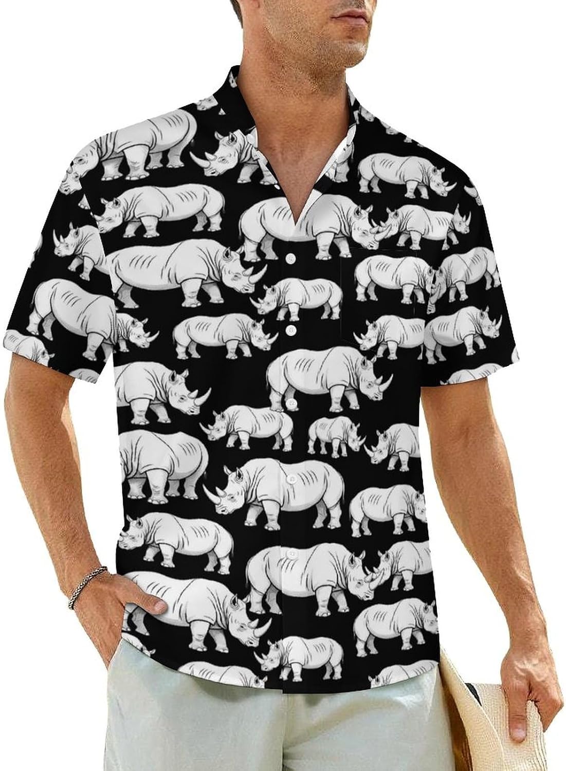 Men's Casual Button Down Shirts Stand Up Collar Shirt Pocket for Hawaiian Beach Wedding