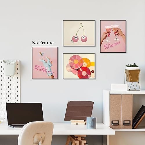 Miniatura 5 de JUIOEIU Juego de 4 impresiones artísticas de pared de barra rosa retro de moda, disco de vinilo vintage de la suerte de 8 bolas, pósteres artísticos